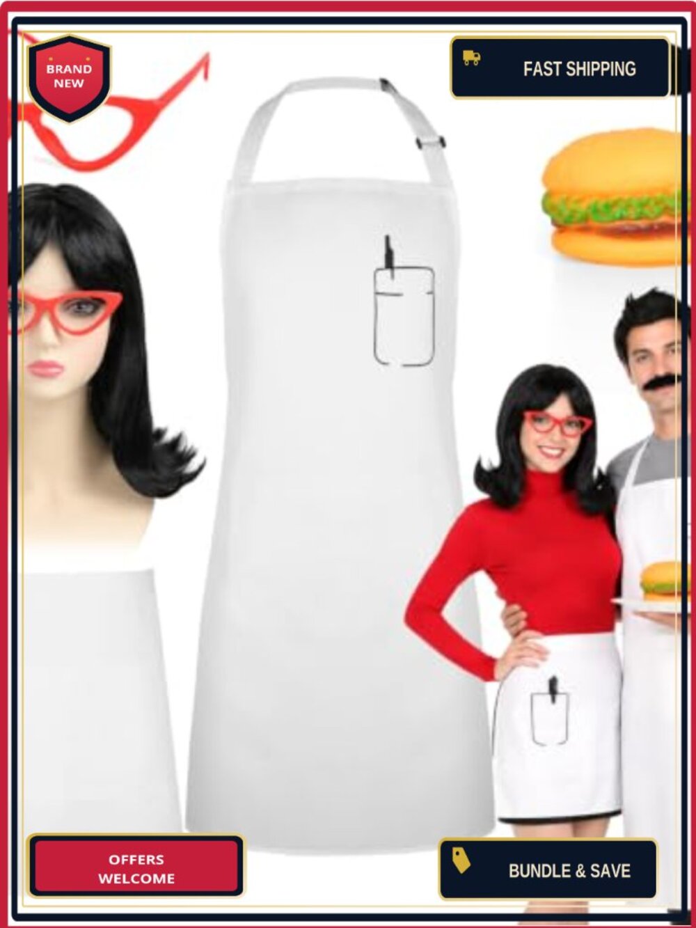 MOVINPE Burger Shop Couple Costume Set Chef Waitress Aprons Wig Beard Glasses